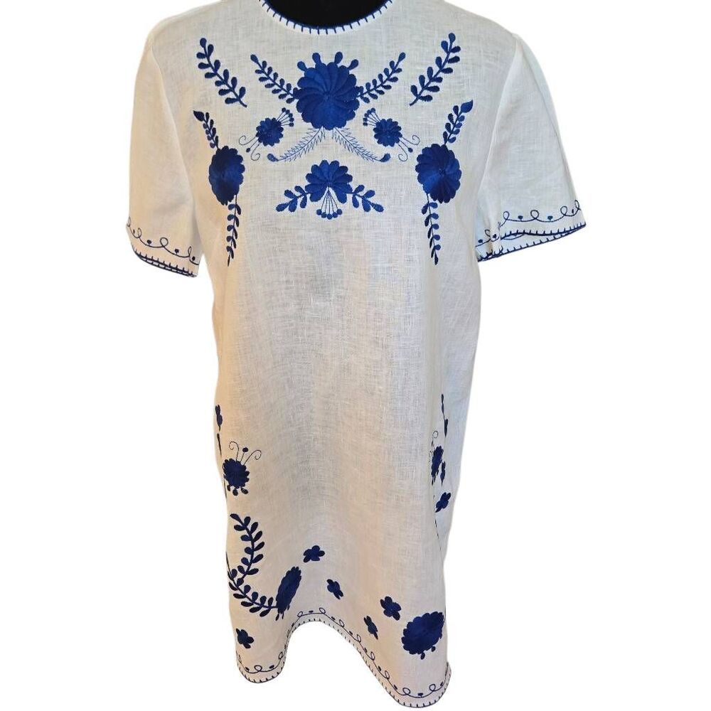 ZARA Womens Embroidered Floral Whip Stitch Linen Tunic Shift Dress White Medium